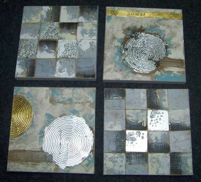 Set de 4 tablouri Feng Shui pentru bogatie auriu cu argintiu