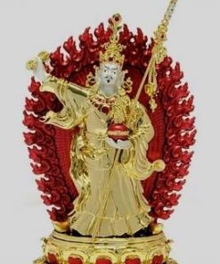 Statuia din metal auriu si rosu cu Guru Rinpoche