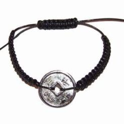 Bratara neagra, reglabila, cu moneda argintie - unisex