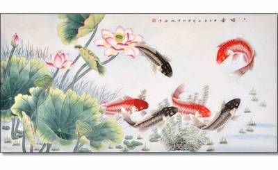 Tablou Feng Shui cu flori de lotus si pesti