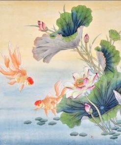 Tablou Feng Shui cu flori de lotus si pereche de pesti aurii