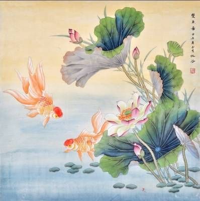 Tablou Feng Shui cu flori de lotus si pereche de pesti aurii